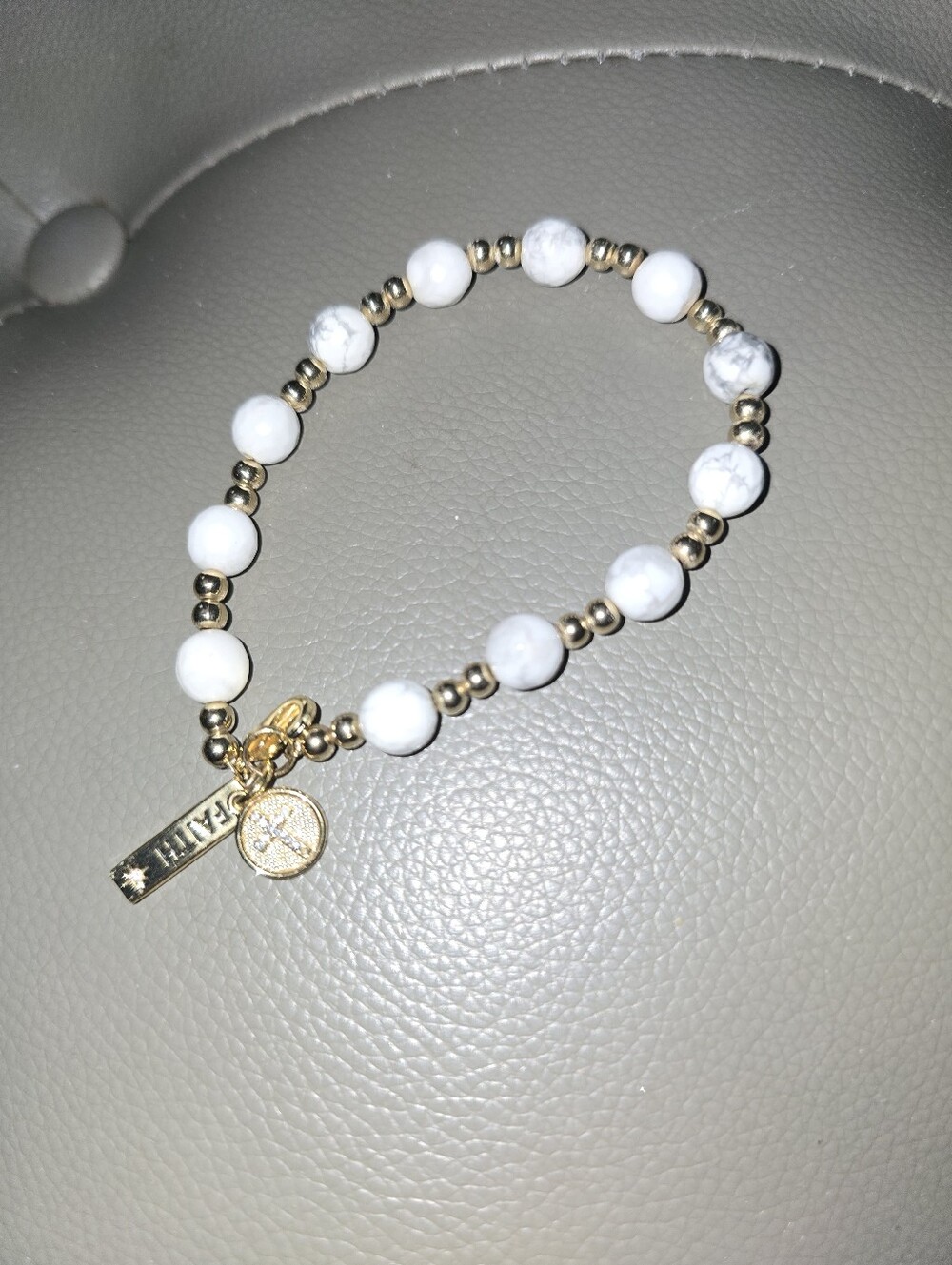 Gold & White Beaded Fqith Charn And Cross Charm Bracelet with Charm